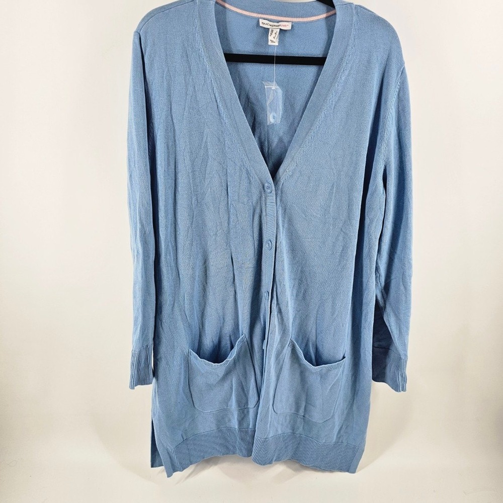Isaac Mizrahi Live! Cardigan Women L Blue Longline V-Neck Cotton Blend